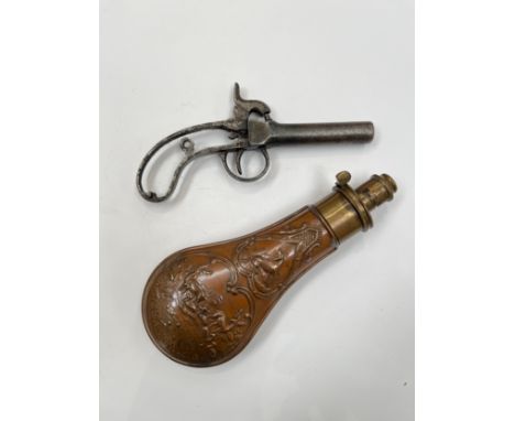 A 19th Century percussion pistol for restoration, together with a copper and brass powder flask with with embossed hunting de