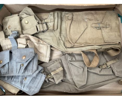 A box containing two WWII dates Bren gun webbing cases together with post war ammunition bandoliers etc