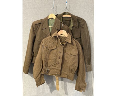 A British battledress blouse in the wartime pattern, label worn, together with a US jacket wool ODM 1950, size 38L, and a Bel