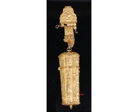 A late 18th century French gilt metal etui on chatelaine belt-hook, the etui of shaped oval form, cast with a gallant opposin