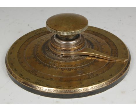 A Marconi International Marine Communication Company brass ships compass, having single arm and four dials, dia.14cm