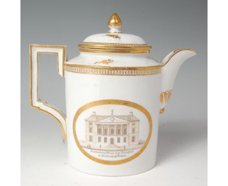 A 19th century English porcelain teapot and cover, of oval form with angular handle, decorated with opposing views of 'Buckin
