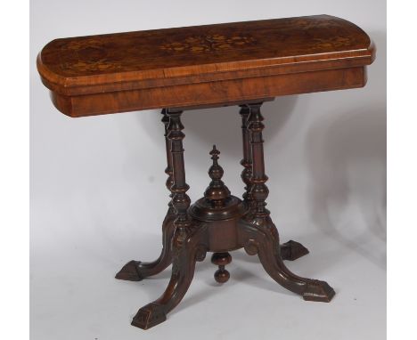 A mid-Victorian figured walnut and floral satinwood inlaid fold-over card table, having a baize lined interior, h.72cm, w.91c