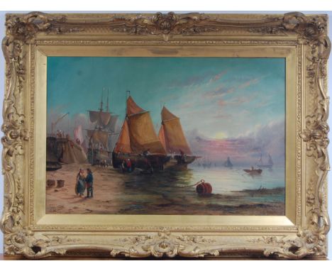 George D Callow (act.1858-1873) - Evening on the Yorkshire coast, oil on canvas, signed lower left, patch repair verso, 50 x 