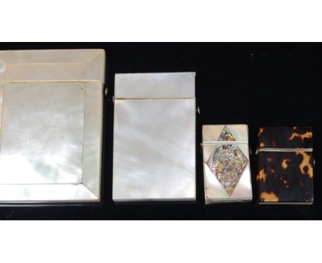 A Victorian mother of pearl visiting card case, of hinged rectangular form, 10.5 x 8cm; together with one other smaller examp