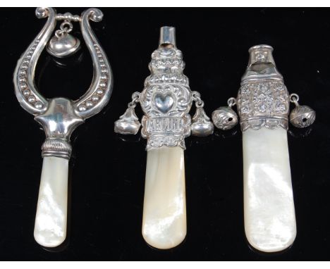 An Edwardian silver baby's rattle, of lyre shape, with mother of pearl handle, maker William Vale & Sons, Birmingham 1910; to