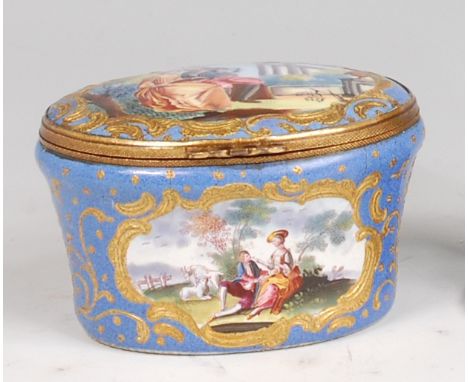 An early 19th century enamel patchbox, of oval form, decorated with reserves of courtship scenes within gilt enamel borders o