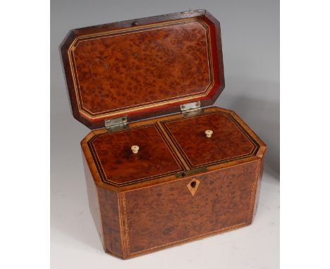 A George III burr yew and inlaid tea caddy, having canted corners and two section fitted interior, w.19cm Condition Report / 