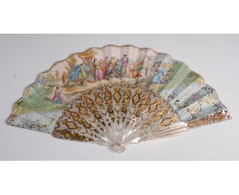 A circa 1900 mother of pearl fan, with polychrome highlights depicting a hunting party in 18th century dress, comprising four