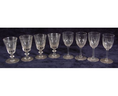 A set of twenty-six Victorian pedestal wine glasses, each with thumb-cut conical bowls, acid etched R, h.11.5cm; together wit