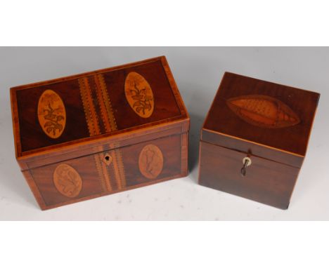 A George III mahogany and inlaid tea caddy, the hinged cover and front  marquetry inlaid with twin elliptical panels, all wit