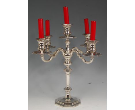 A Mappin & Webb silver five light candelabrum, in the 18th century style, of octagonal tapering form with detachable sconces 