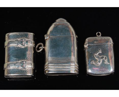 A Victorian novelty silver vesta case, in the form of a travel case, with strapwork and engine turned decoration and vacant c