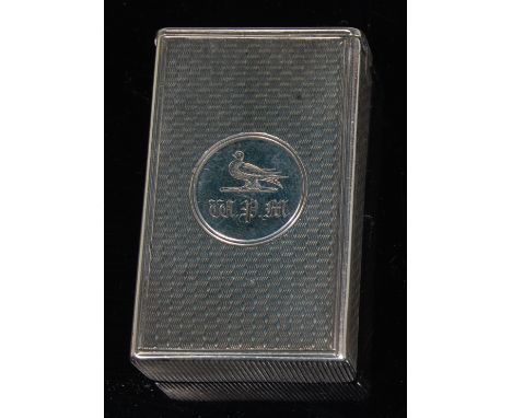 A Victorian silver vesta, of rectangular form, with all-over engine turned decoration, the circular cartouche engraved with a