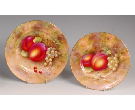 A Royal Worcester porcelain fruit decorated tea plate, by Harry Ayrton, depicting peaches and gooseberries on a mossy bank, s