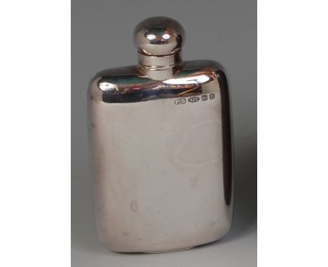 A modern silver hip flask, undecorated, with hinge cover, 4.3oz, maker practical Silverware, h.12.5cm 