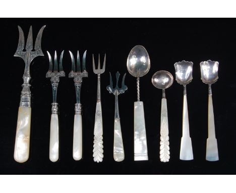 A small late Victorian silver and mother of pearl handled salmon fork, maker A J Bailey, Birmingham 1899; together with vario