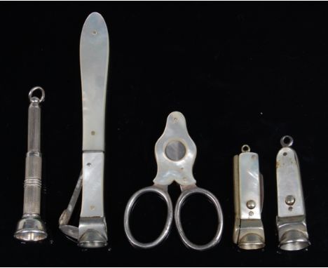 A mid-20th century silver cigar piercer, with engine turned decoration, maker Bishtons Ltd, Birmingham 1950; together with fo