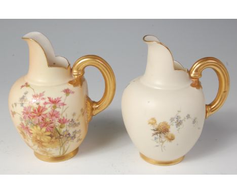 A circa 1900 Royal Worcester blush ivory jug, having hand-painted foliate panels with gilt handle, shape No.1094, green mark 
