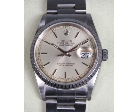 A gents steel cased Rolex Oyster Perpetual Datejust wristwatch, having a signed silvered dial, superlative chronometer offici