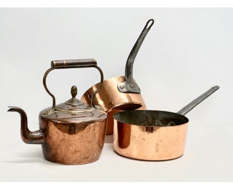 Large 19th Century Victorian copper pans and kettle. 48x24cm. 42x20cm. 31x20x30cm