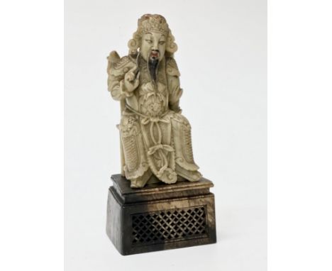 A good quality signed Chinese carved soapstone  Guan Yu Statue on stand. 20cm