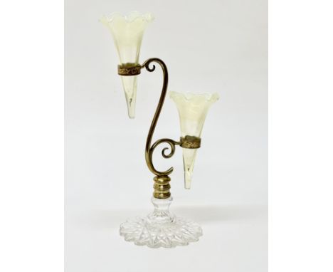 A 19th Century Victorian uranium and opaline glass epergne on a gilt brass and cut glass base. 30cm