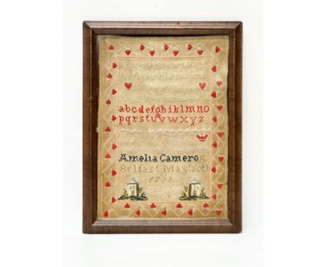 A 19th Century, Irish Victorian sampler. Amelia Cameron, Belfast May 30th 1863. In original frame. 30x40cm