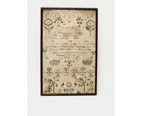 A Mid 18th Century Irish, George II sampler. Dated 1749. In an Early 20th Century frame. 26.5x41cm.