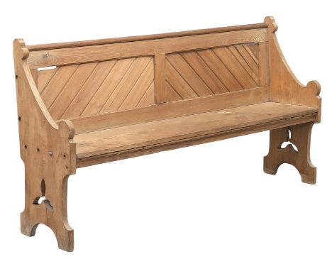 A Late 19th Century Victorian pine gothic style bench / church pew. 175.5cm