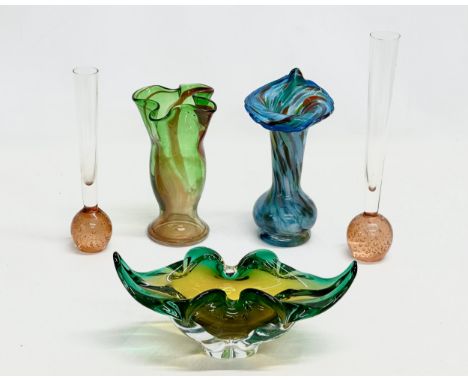 A collection of art glass. A pair of Swedish glass vases with bullicante/controlled bubble bases 25cm, 21cm. A Josef Hospodka
