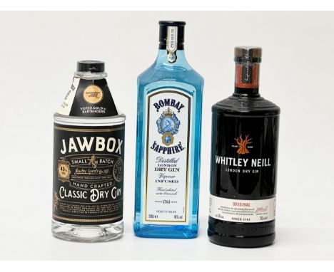 Three bottles of gin. Jawbox Small Batch Classic Dry Gin 70CL. Whitley Neill London Dry Gin 70CL. Bombay Sapphire London Dry 