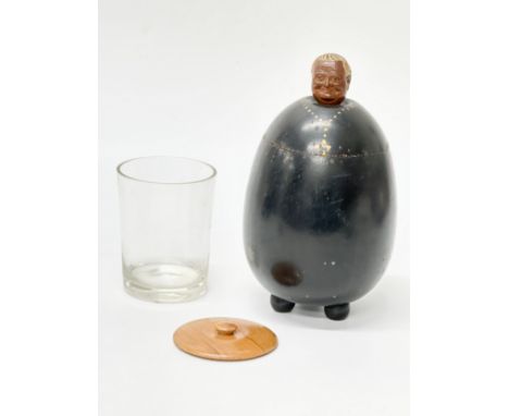 A Late 19th Century Black Forest style novelty friar tobacco jar/shaving jar with original glass liner and interior lid. 22cm