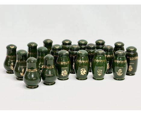 Brooks &amp; Bentley’s Royal Dynasty Spice Jars. A set of 20 glazed ceramic spice jars with covers, including a pair of salt 