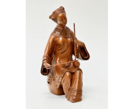 A superb quality Late 19th/Early 20th Century Chinese carved boxwood musician statue playing her Erhu. Complete in 3 pieces. 
