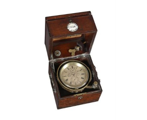 A VICTORIAN MAHOGANY CASED SMALL TWO-DAY MARINE CHRONOMETERBROCKBANK AND ATKINS, LONDON, CIRCA 1860The circular four pillar s