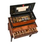 A FINE SWISS FIGURED WALNUT INTERCHANGEABLE CYLINDER MUSIC BOX WITH ZITHER ATTACHMENT