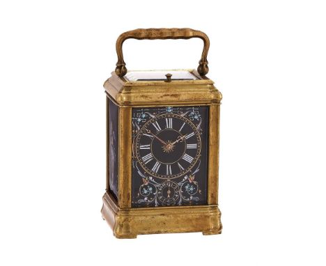 A FINE FRENCH BRASS GORGE CASED SMALL REPEATING ALARM CARRIAGE CLOCK WITH LIMOGES ENAMEL PANELSUNSIGNED, PARIS, CIRCA 1875The