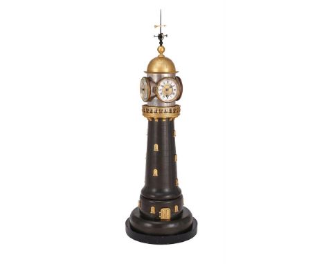 A RARE FRENCH LARGE FOUR-DIAL NOVELTY AUTOMATON LIGHTHOUSE TIMEPIECE WITH BAROMETER AND THERMOMETERSPOSSIBLY BY ANDRE ROMAIN 