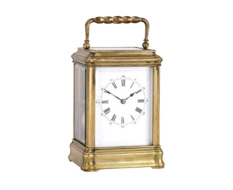 A FRENCH LACQUERED BRASS GORGE CASED CARRIAGE CLOCKHENRI JACOT, PARIS, LATE 19th CENTURYThe eight-day two train gong striking