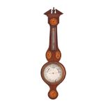AN EDWARDIAN INLAID MAHOGANY MINIATURE ANEROID WHEEL BAROMETER