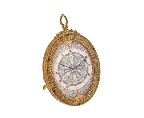 A FINE ENGRAVED GILT BRASS STRUT TIMEPIECE IN THE MANNER OF THOMAS COLE W. VASEL FOR RETAIL BY CARRINGTON AND COMPANY, LONDON