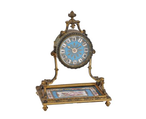 A FRENCH GILT BRASS AND SEVRES STYLE PORCELAIN SMALL BOUDOIR TIMEPIECEPROBABLY BY A. DUMAS, PARIS, LATE 19th CENTURYThe circu