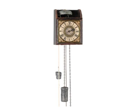 A RARE GEORGE II STAINED-PINE SMALL THIRTY-HOUR ALARM WALL TIMEPIECE IN A 'SALTBOX' TYPE CASETHE DIAL INITIALLED D.W., PROBAB
