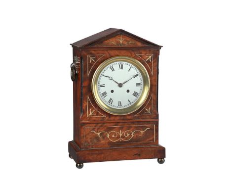 A GEORGE IV STYLE INLAID MAHOGANY MANTEL CLOCKTHE MOVEMENT SIGNED FOR ROUDIL, PARIS, 19th CENTURYThe French eight-day circula