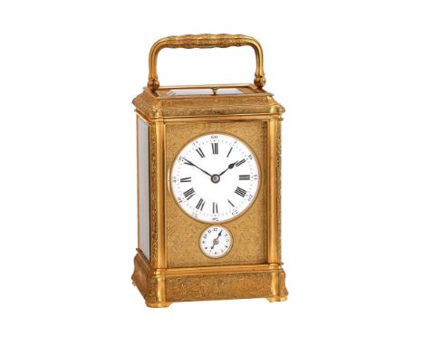 A FINE ENGRAVED GILT BRASS GORGE CASED REPEATING ALARM CARRIAGE CLOCKTHE MOVEMENT STAMPED FOR LOUIS-ALFRED BAVEAUX POSSIBLY F