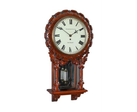 A VICTORIAN CARVED MAHOGANY FUSEE DROP-DIAL WALL TIMEPIECEMILES BIRKETT, NORTHWICH, CIRCA 1860The four pillar single fusee mo
