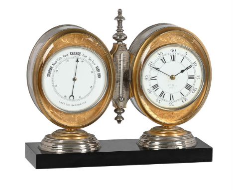 A FRENCH NICKEL-FINISH AND GILT BRASS DESK COMPENDIUM TIMEPIECE WITH BAROMETER AND THERMOMETERHENRY MARC, PARIS, CIRCA 1880Th