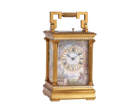 A FINE FRENCH GILT BRASS ANGLAISE RICHE CASED REPEATING CARRIAGE CLOCK WITH PAINTED PORCELAIN PANELSRETAILED BY ROWELL AND HA