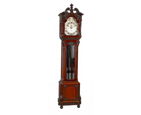 A FINE EDWARDIAN CARVED MAHOGANY TUBULAR-BELL CHIMING REGULATOR WITH AUTOMATIC DAILY TUNE SELECTIONUNSIGNED BUT PROBABLY BY J